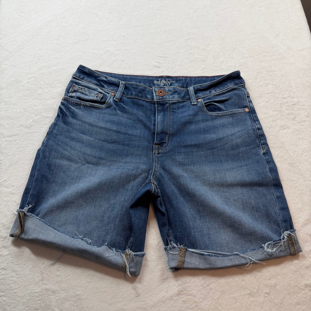 Edgely Denim Shorts Womens 14 Blue Good Raw Hem Distressed Stretch Dark Wash